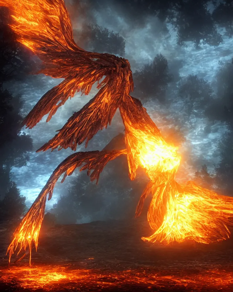 Prompt: a photoreaslistic render of a single burning steel ethereal phoenix rising out of the ground, ethereal lighting, pixie dust magic, brilliant glow, cinematic, magic particles, epic scale ultrawide angle, deep vivid colors, explosive energy, like elder scrolls and elden ring and lord of the rings, bursting with debris and pebbles and dust clouds and ash