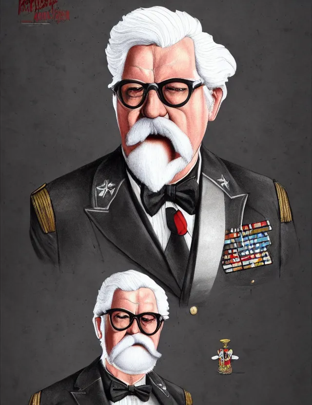 Image similar to a portrait of colonel sanders as a dictator, by moebius and tyler edlin and hr giger, trending on artstation, digital art, 4 k resolution, detailed, high quality, sharp focus, hq artwork, coherent, insane detail, concept art