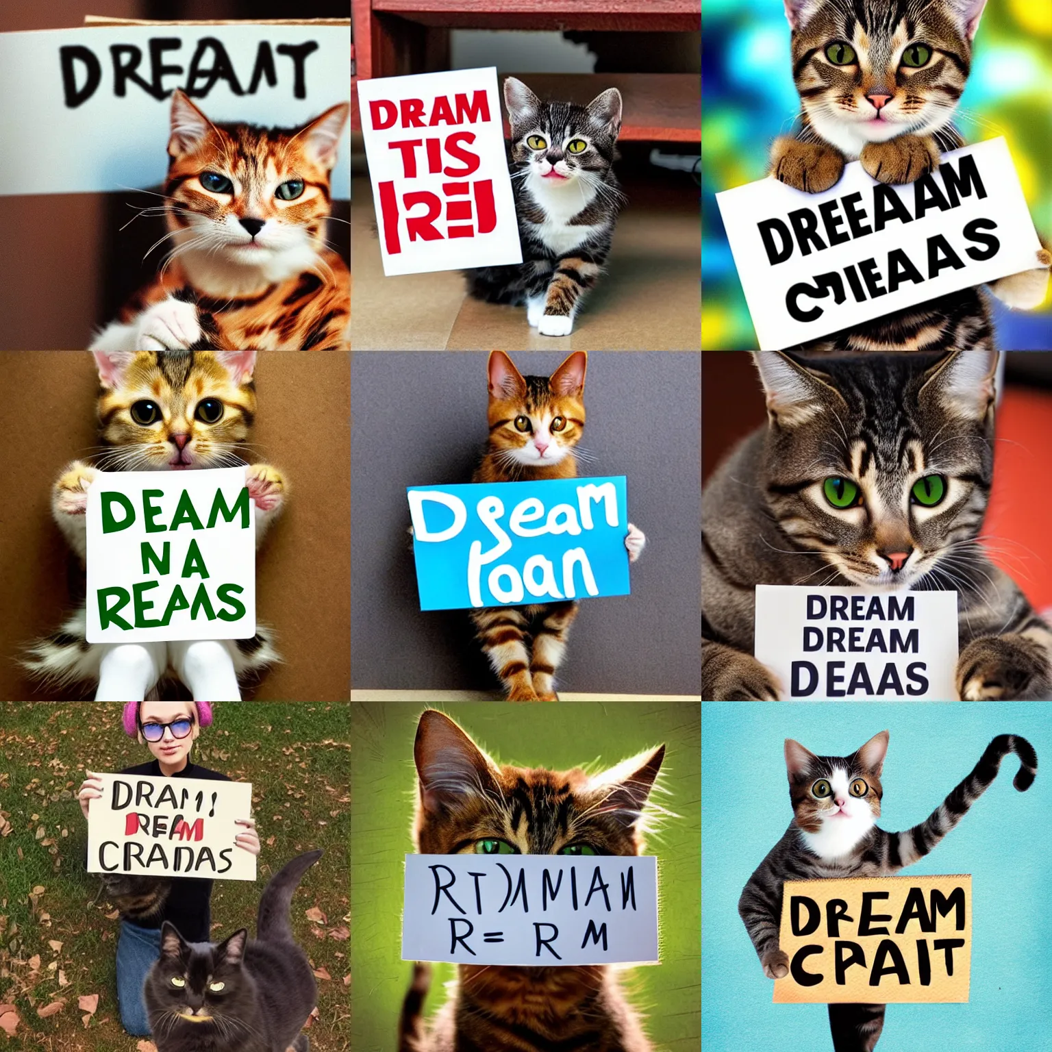 Image similar to realistic high quality photo of a cute cat holding a sign with text that reads : dream cats