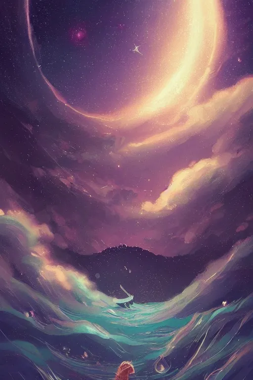 Prompt: sea and night sky with stars and galaxies, ornate detailed background, trending on artstation, by rossdraws