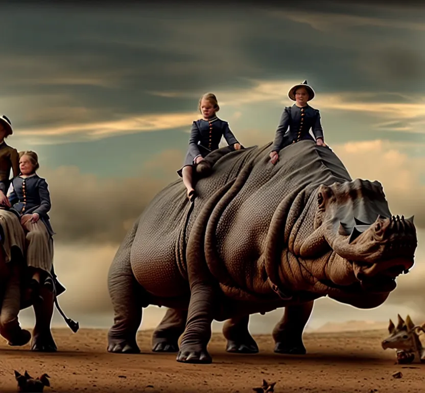 Image similar to sharp, highly detailed, film from a 2 0 1 9 sci fi 8 k movie, set in 1 8 6 0, a family riding on the back of small alien hippos, across an alien landscape, wearing 1 8 6 0 s clothes, atmospheric lighting, in focus, reflective eyes, 3 5 mm macro lens, live action, nice composition