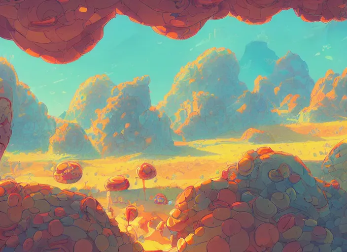 Image similar to concept art of a landscape made of donuts, cel shaded, in the style of makoto shinkai and moebius and peter mohrbacher and anton fadeev