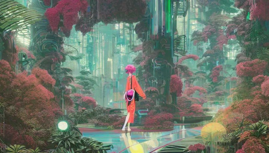 Prompt: a digital painting of a woman in the distance wearing gucci exploring a magical japanese temple, lush plants and flowers, eco - cyberpunk art by james jean, cgsociety, retrofuturism, anime aesthetic, chromatic, iridescent, uhd