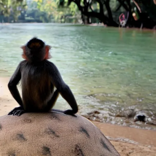 Image similar to a monkey sitting on the back of a turtle