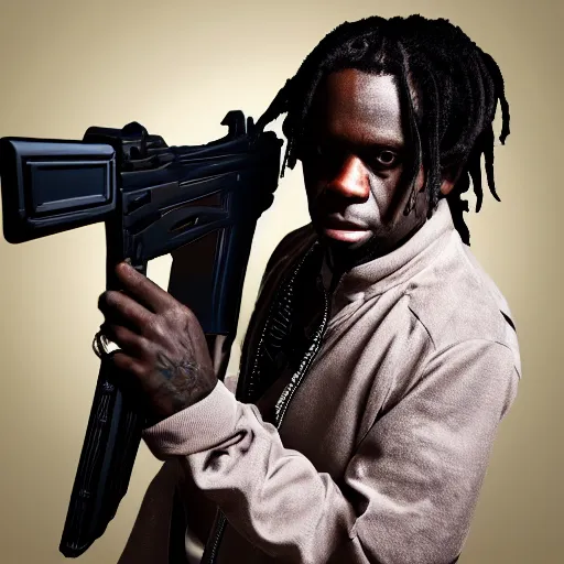 Prompt: Rapper Chief Keef Holding a AK-47 digital art 4K quality super realistic