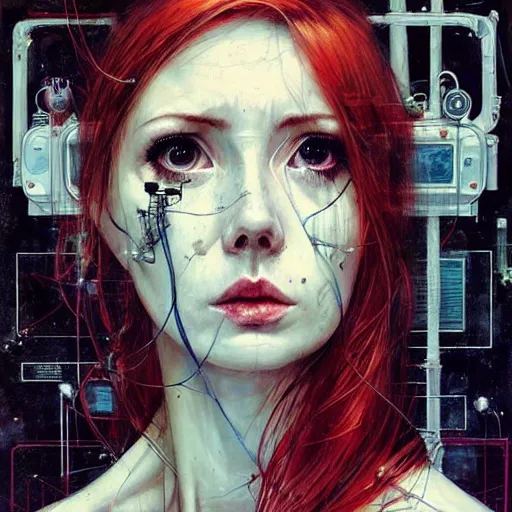Image similar to karen gillan cyberpunk dreaming, wires cybernetic implants, in the style of adrian ghenie, esao andrews, jenny saville,, surrealism, dark art by james jean, takato yamamoto
