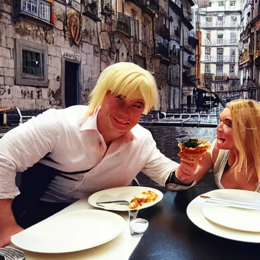 Image similar to a blonde woman & Michael mcintyre eating lasagne in Porto, greg rutkowski