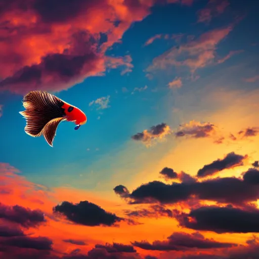 Image similar to photograph of a flying koi fish, majestic, clouds in the background, sharp focus, beautiful, enhanced colors, sunset colors, hd, cinematic lighting, 8k