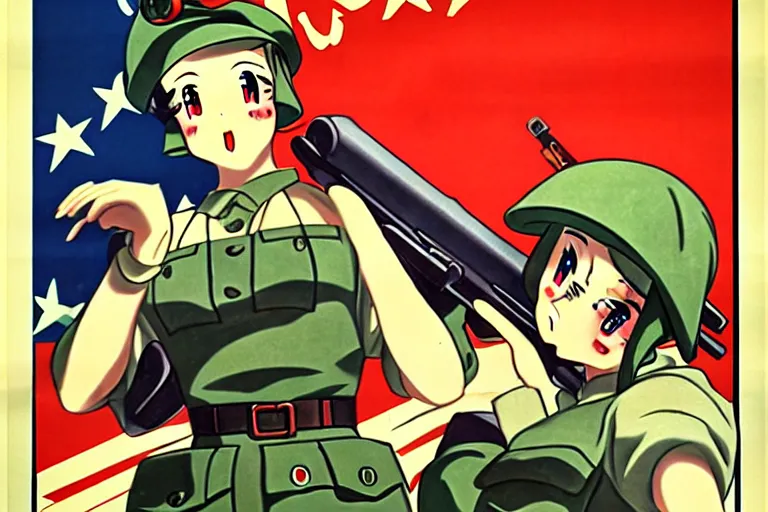 Prompt: uwu, 1940s, war, anime, poster, tanks