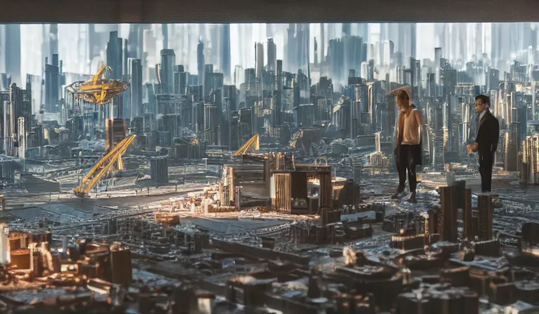 Image similar to group of people in simple warehouse, looking at hologram of futuristic metropolis on a table, cinematic concept art, godrays, golden hour, natural sunlight, 4 k, clear details, tabletop model buildings, center model buildings, hologram center, crane shot, crane shot, crane shot