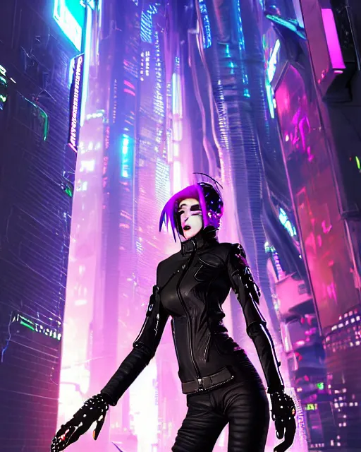 prompthunt: 3D concept art of a classy cyberpunk woman wearing streetwear  and futuristic clothing, black hair bangs, videogame concept art, in the  style of valorant character arts