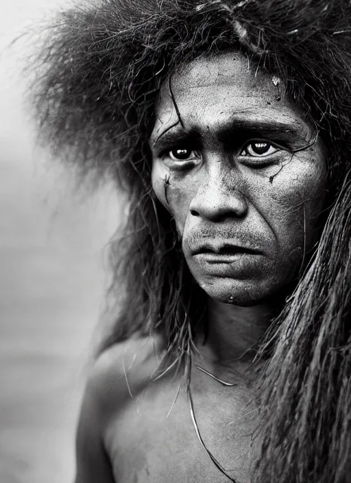 Image similar to Award winning Editorial photo of a Native Nauruans with incredible hair and beautiful hyper-detailed eyes wearing traditional garb by Lee Jeffries, 85mm ND 5, perfect lighting, gelatin silver process