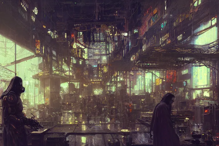 Image similar to cyberpunk market interior, intricate, elegant, highly detailed, john park, craig mullins, sparth, ruan jia, jeffrey catherine jones