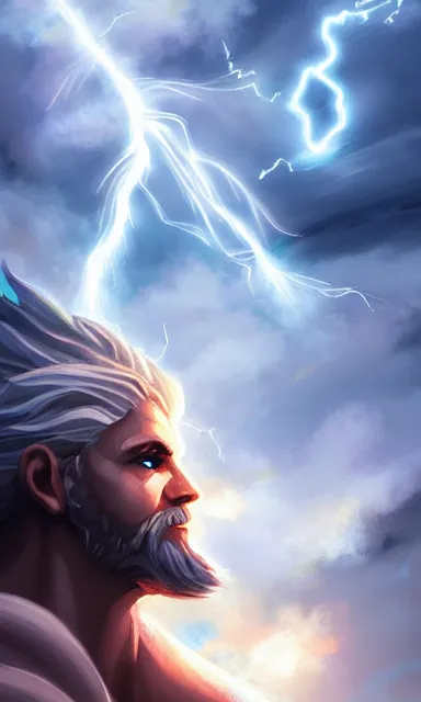 Image similar to epic scene of zeus, lightning, portrait, sharp focus, fantasy, digital art, concept art, dynamic lighting, epic composition, by emylie boivin, rossdraws