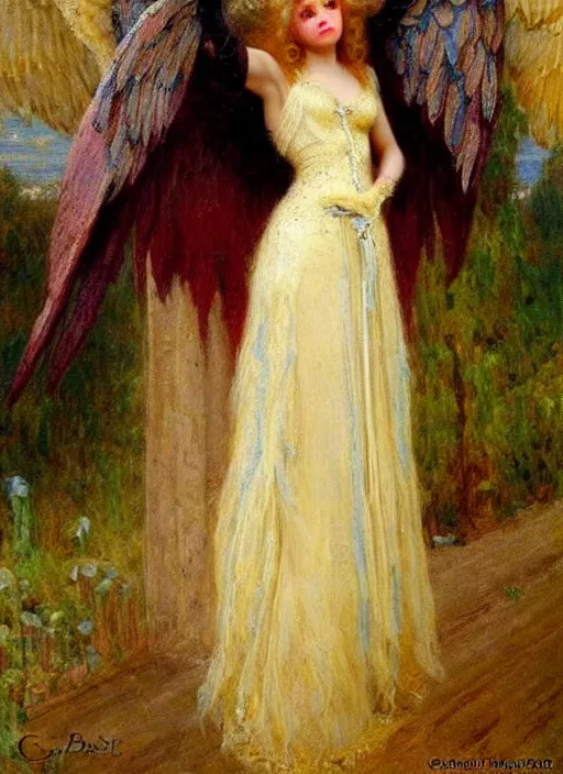 Image similar to vertical prtrait of an angel knight gothic girl, baroque dress. by gaston bussiere