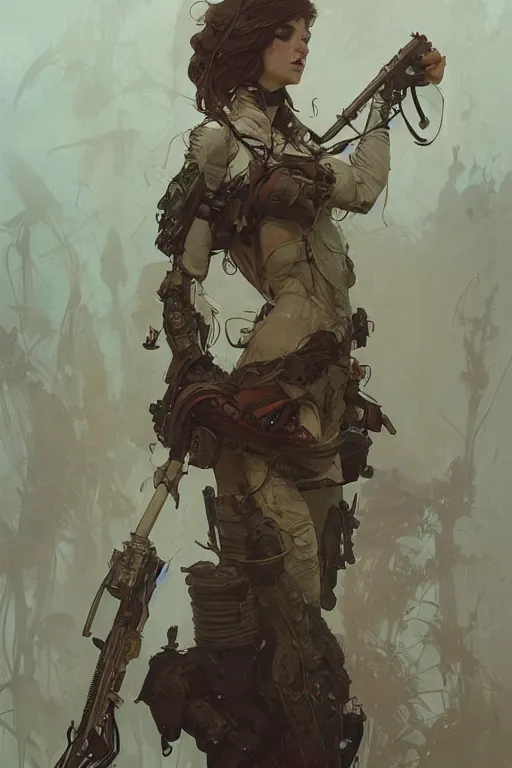 Prompt: A full portrait of a beautiful post apocalyptic offworld botanist, intricate, elegant, highly detailed, digital painting, artstation, concept art, smooth, sharp focus, illustration, art by Krenz Cushart and Artem Demura and alphonse mucha