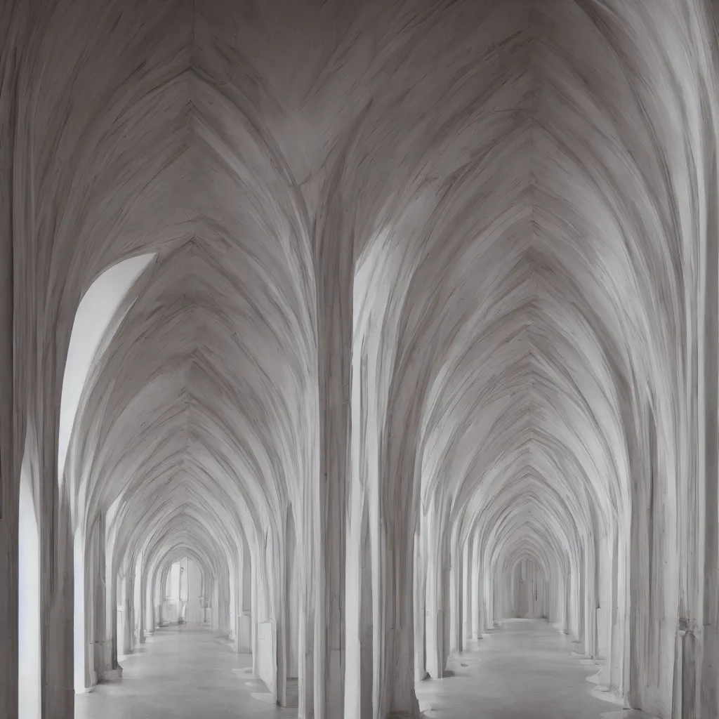 Image similar to photograph of a symmetrical hallway with multiple arches, pastel hues, minimalist, architecture magazine, dezeen, 50mm, pentax, film