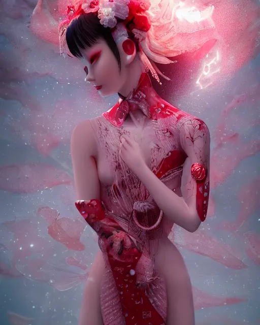 Image similar to detailed photo of pearl japanese doll, pearl skin, magical, beautiful clothes, innocent, elegant red dress, 8 k, by tristan eaton, stanley artgermm, tom bagshaw, greg rutkowski, carne griffiths, trending on deviantart, hyper detailed, glorious lighting, epic environment