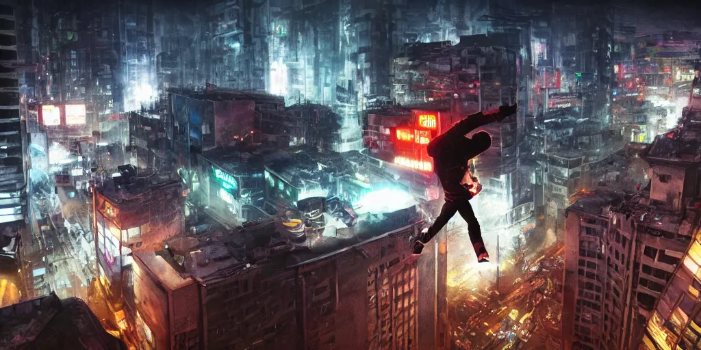 Image similar to cinematic shots of teenagers with tech clothing and hoods and tactical masks doing risky parkour on the rooftops of a dystopian city, neon lights, sci - fi, night lights, rain and haze, concept art, intricate, in the style of katsuhiro otomo, akira, unreal engine