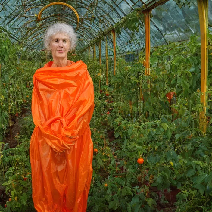 Image similar to closeup portrait of a woman wrapped in orange cellophane, standing in an overgrown greenhouse, color photograph, by paula rego, canon eos c 3 0 0, ƒ 1. 8, 3 5 mm, 8 k, medium - format print