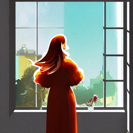 Prompt: giant flower as head, woman next to modern windows, luxury apartment, surreal photography, dramatic light, impressionist painting, digital painting, artstation, james gilleard