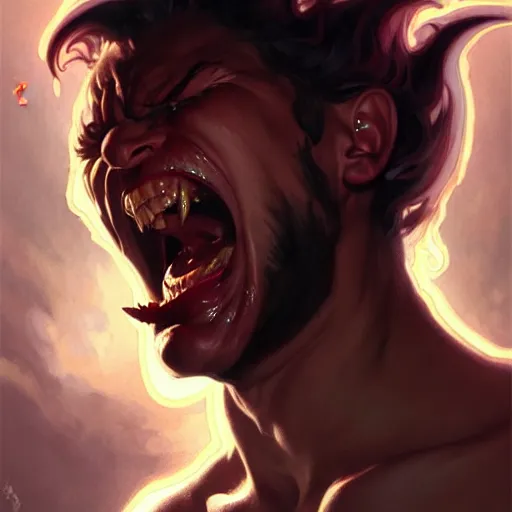 Prompt: face portrait of angry male demon screaming, realistic, high qulity, 4 k, sharp fucos, tranding on art station, illustration, art by artgerm and greg rutkowski and alphonse mucha