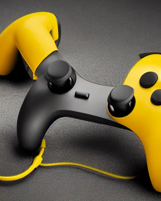 Prompt: a photo of a stylish yellow game controller designed by dieter rams and jony ive for bang & olufsen, rim lit, shallow depth of field