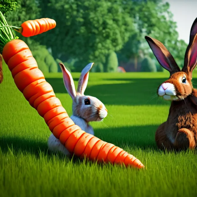 Prompt: photograph of giant rabbits eating humanoid carrot - people in the garden full cinematic scene, 4 k realistic photorender
