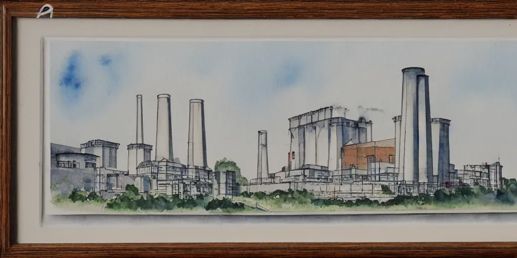 Prompt: a high quality architectural watercolor of art deco atomic power station