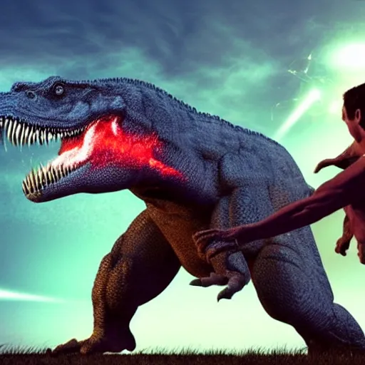 Prompt: a man punching a tyrannosaurus rex causing a nuclear explosion, 3 d, dynamic lighting, vivid imagery