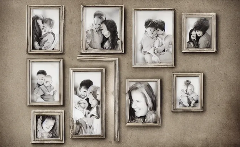 Image similar to storybook illustration of family photo portraits in picture frames on a wall, watercolor, sepia tints