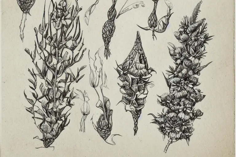 Prompt: botanical drawing of alien flora, sketchy, aged paper, intricate details, labelled