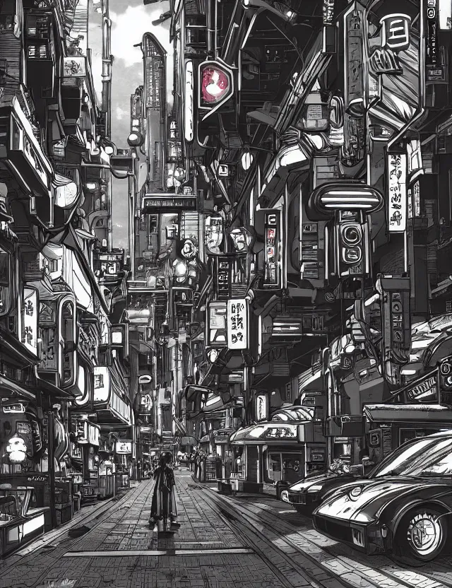 Prompt: a detailed manga illustration of a retro sci - fi city street on an alien world, trending on artstation, digital art, 4 k resolution, detailed, high quality, sharp focus, hq artwork, coherent, insane detail, character portrait