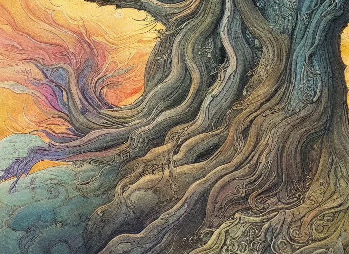 Prompt: most beautiful juniper pentane dare, phrase gold sand heat in the style of william blake, terese nielsen, detailed, intricate, steve argyle, pastoral fantastic reality
