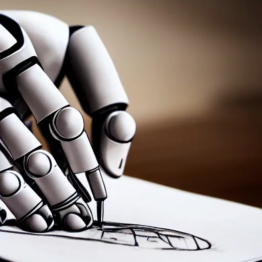 Prompt: a robot hand sketching a robot hand on paper