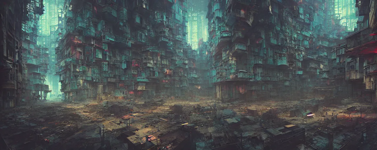 Image similar to duotone noir concept illustration inside of kowloon walled city stimulus overload, octane render, concept hideo kojima surreal atmosphere, abandoned buildings volumentric lighting. cosmic horror. accidental renaissance. by sachin teng and sergey kolesov and ruan jia and heng z. graffiti art, scifi, fantasy, hyper detailed. trending on artstation