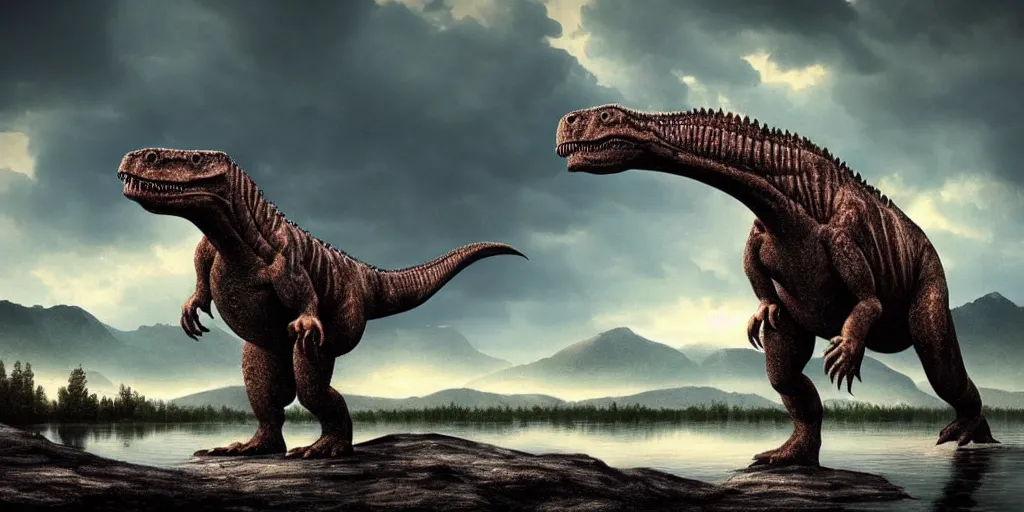 Image similar to amazing prehistoric landscape photo of tyrannosaurus standing on the lake, beautiful dramatic lighting