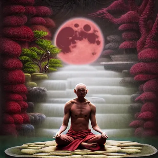 Prompt: an anthromorphic wolf shaolin monk character meditating in a zen garden with a waterfall under the blood moon, by Adi granov and afarin sajedi and amanda sage and evgeni gordiets and Agostino Arrivabene and adonna khare in a psychedelic portrait style, ultrarealistic matte painting, volumetric lighting, fractal, extremely symmetrical, highly detailed face, orisha, 8k, hd