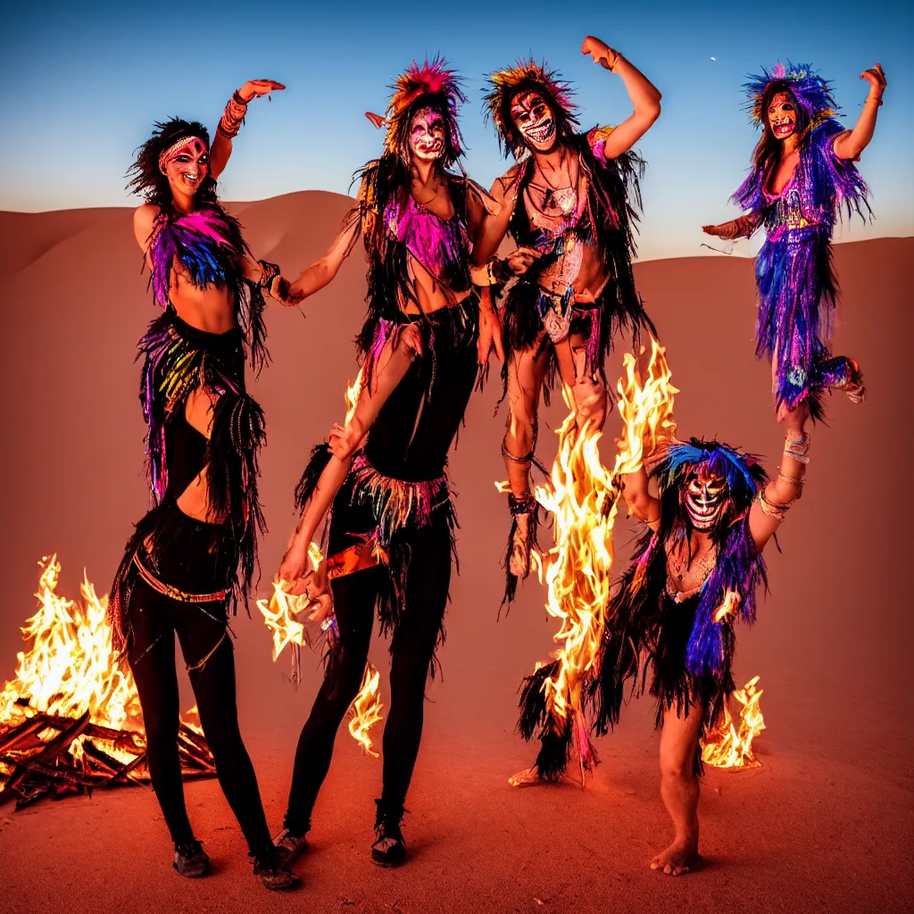 Prompt: portrait of two ravers in friendly costumes with detailed faces, dancing around a fire, photorealistic, dancefloor kismet, diverse costumes, clean composition, desert transition area, bonfire, night, australian desert, zaha hadid, xf iq 4, symmetry, sony a 7 r, 1 5 0 mp, 5 0 mm