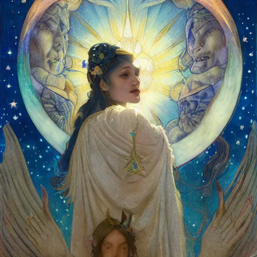 Prompt: queen of the moon with stars in her hair, by annie swynnerton and tino rodriguez and donato giancola and nicholas roerich and jean delville and diego rivera and charlie bowater and dulac, dramatic lighting, god rays, geometric tattoos, rich colors, smooth sharp focus, extremely detailed, adolf wolfli