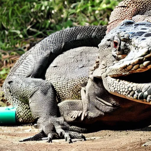 Prompt: one large komodo dragon on a leash sleeping next to a very large mound of trash, papers, junk, and metal parts