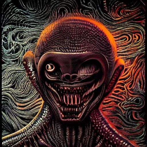 Prompt: space alien, slimy, glossy, sharp teeth, by h. r. giger, nightmare fuel, nightmarish, intricate, highly detailed, optical illusion, stranger things demogorgon, cave lighting, flickering, moonlight