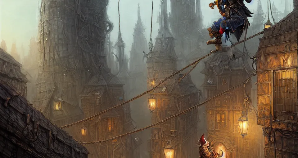 Prompt: landscape painting of a hooded thief in leathers using a rope to climb a tall metal steampunk buildings within a fantasy city with bridges, fine details, andreas rocha, magali villeneuve, artgerm, rutkowski