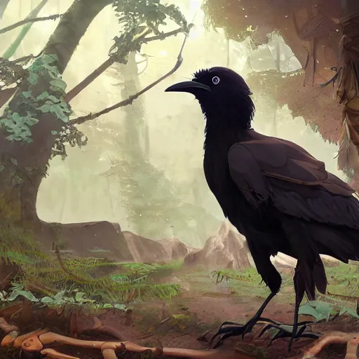 Image similar to concept art painting of an anthropomorphic crow person with steampunk clothes, in the deep forest, realistic, detailed, cel shaded, in the style of makoto shinkai and greg rutkowski and james gurney