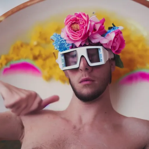 Image similar to close up kodak portra 4 0 0 photograph of a skinny guy with blonde hair laying in a tub of milk, aerial view, wearing goggles, flower crown, moody lighting, telephoto, 9 0 s vibe, blurry background, vaporwave colors, faded!,