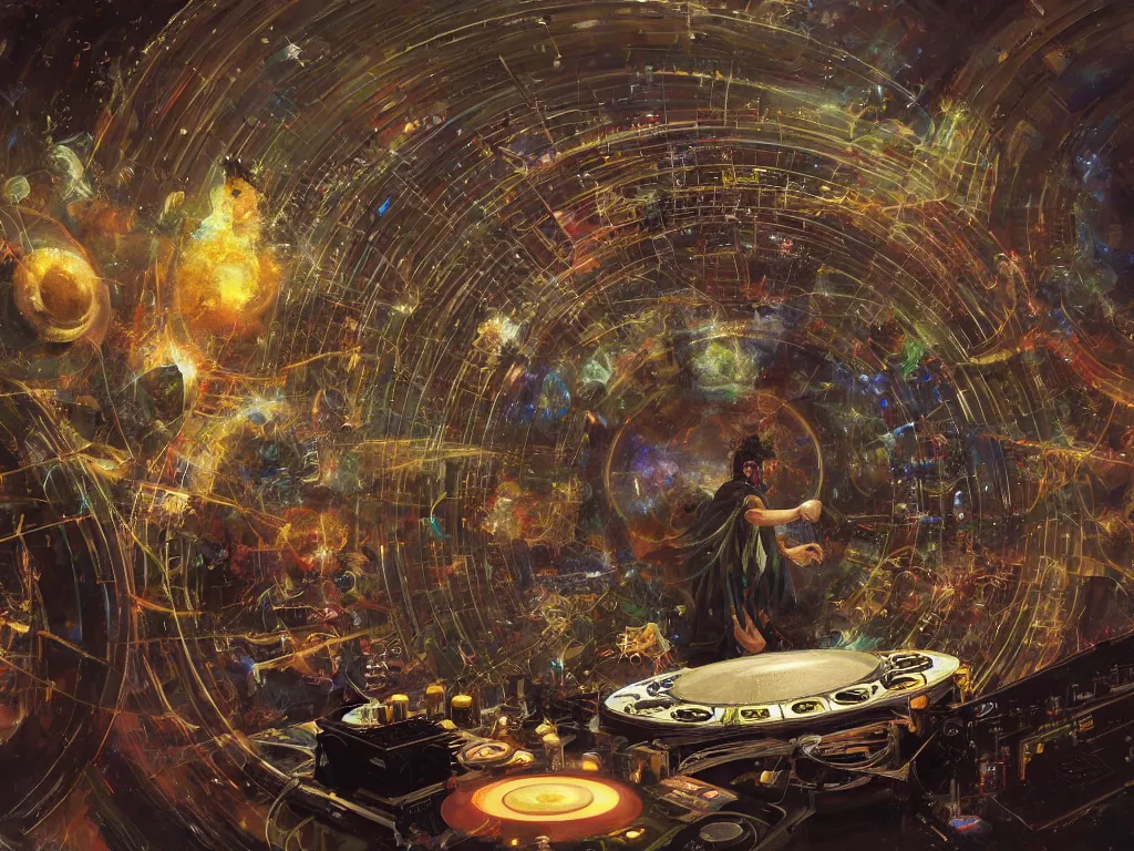 Image similar to an incredible masterpiece of a mystical dj playing a vast array of highly evolved and complex musical technology surrounded by an incredible and complex circular structure in the cosmos, by craig mullins