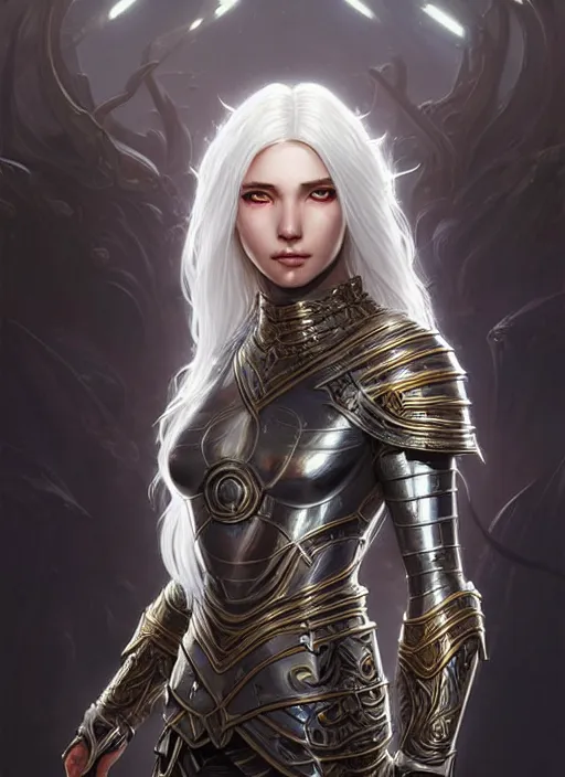 Image similar to light iridescent armor!!! long wild white hair!! covered chest!!! fantasy, d & d, intricate ornate details, digital painting, pretty face!!, symmetry, concept art, sharp focus, illustration, art by artgerm! greg rutkowski magali villeneuve wlop! ilya kuvshinov!!, octane render