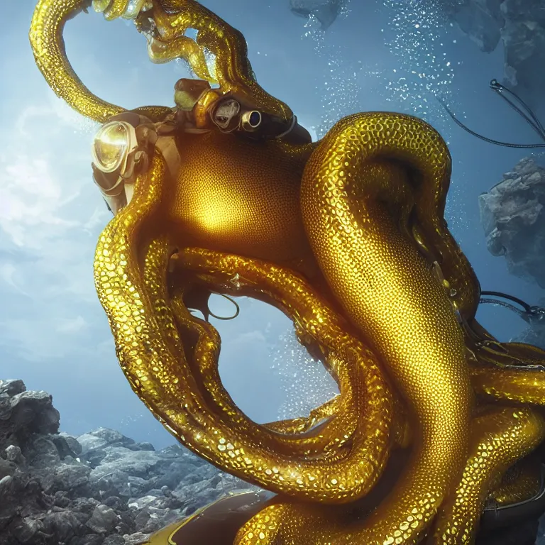 Image similar to octane render portrait by wayne barlow and carlo crivelli and glenn fabry, subject is a futuristic scuba diver wrapped up in and completely covered by giant long shiny reflective golden octopus tentacles, cinema 4 d, ray traced lighting, very short depth of field, bokeh