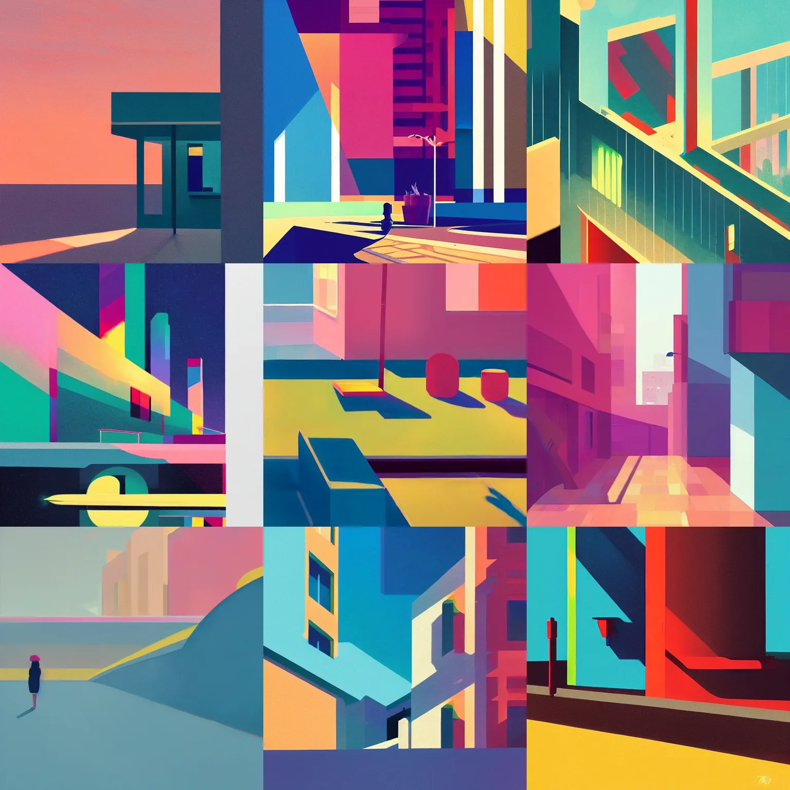 Prompt: 🌈 🛰 abstract by atey ghailan and edward hopper bautiful color city flat