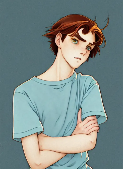 Image similar to art nouveau portrait of a teen boy with completely straight auburn hair, light blue eyes, pale skin, freckles, sad expression, t - shirt, modern casual clothing, natural lighting, path traced, highly detailed, high quality, cartoon, digital painting, by don bluth and ross tran and studio ghibli and alphonse mucha